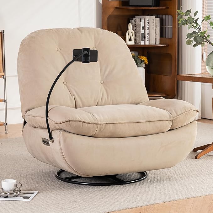 Smart Oversized Electric Recliner Chair 360° Round Swivel Rocking Glider Rocker for Adults Modern Comfy Ergonomic Chaise Lounge Indoor Theater Seating Living Room Chairs Reading Soft Camel Fabric