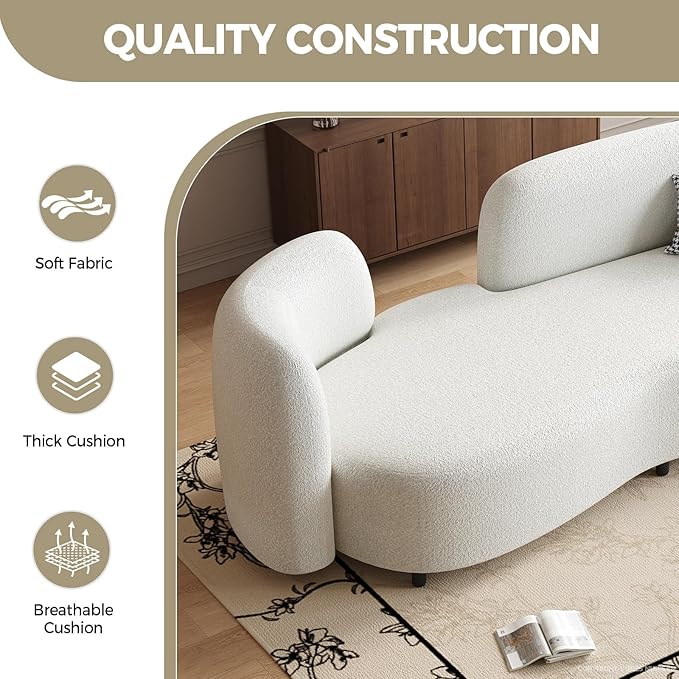 Modern Curved Sherpa Sofa Small Loveseat Couch with Solid Wood Frame &amp Thick Cushion Comfy Upholstered Sofa for Living Room or Apartment – Ivory White