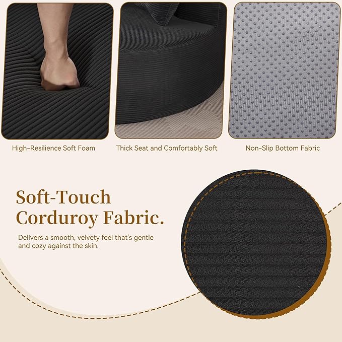 55''Oversized Round Boneless Chaise Lounge ChairCorduroy Modern Floor Sofa Deep Seat Compressed Circle Comfy Barrel Chair No Assembly Sleeper Cloud Sofa Couch Bed for Living Room BedroomBlack