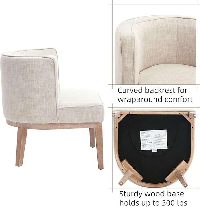 Set of 2 Arm Accent Chair Barrel Accent Chair with Wood Legs Comfy Barrel Side Chair Linen Upholstered Reading Chairs with Back for Living Room Bedroom Living Room Chair Beige