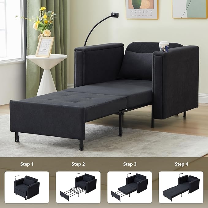 ORRD Pull Out Sofa Chair Bed 2-in-1 Multi-Functional Sleeper Couch Small Loveseat Bed with Hidden Side Table Phone Holder and Cup Holder for Living Room Small Space Apartment (Black)