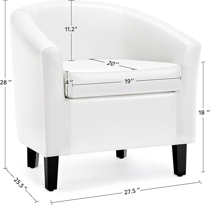 Yaheetech White Leather Chair Faux Leather Accent Chair Modern Barrel Chair Comfy Club Chair with Soft Padded and Solid Legs for Living Room Bedroom Reception Room White