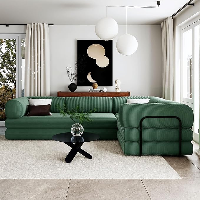 116''W Modular Sofa Bed in Corduroy Fabric L Shaped Sectional Couches Modern Upholstered Couches with Iron Frame Support 4 Independent Mattresses 3 Wedge Cushions and 1 Flat Cushion (Green/22)