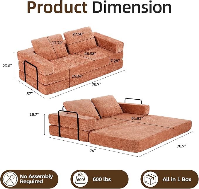 Convertible Sofa Bed 4-in-1 DIY Combination Modular Couch with Pillows Comfy Boneless Sleeper Sofa Bed with Fixed-Shape Frame Chenille Convertible Lounge Couch for Living Room Orange