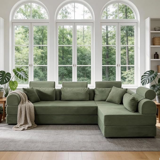 KEIKI 106 4Seat Modular Sectional Corduroy Sofa Couch for Zen Space Small Space Family Friendly Homeowners Warm Inviting Comfy Supportive Rest Space Elegant Premium Design Grayish Green