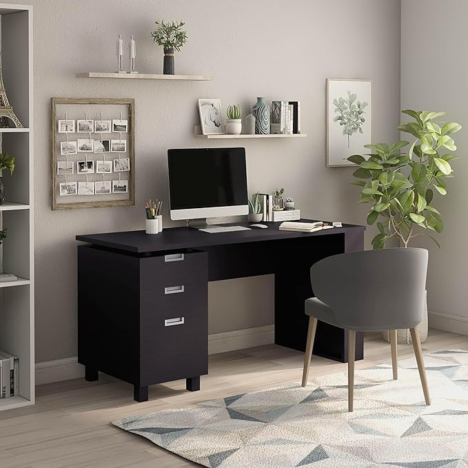 Furniture of America Collin Modern 3-Drawer and 2 Magazine Racks Wood 60-inch Office Desk with Built-in File Cabinet for Study Room Home Office Espresso