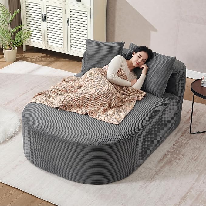 46 Chaise Lounge Chair Indoor Cloud Sleeper Sofa Bed with Pillows Corduroy Upholstered Sofa Couch for Living Room Apart No Assembly Required Gray