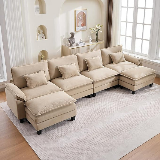 URRED Modular Cloud Couch Sectional Sofa 157 U Shaped Deep Seat Sofa with 2 Ottomans &amp Pillows Ultra Comfy Corduroy 4-Seater Sofa for Living Room Apartment or Bedroom Khaki | Corduroy Fabric