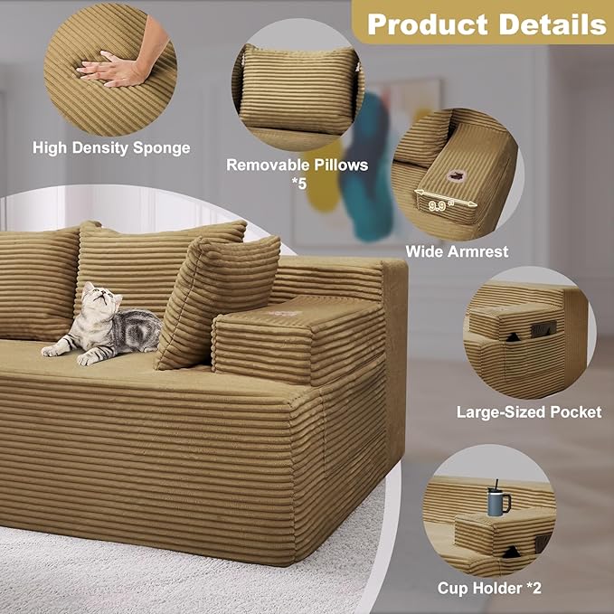 Boneless Couch Cloud Modular Sectional Sofa Modern Convertible L Shaped 3 Seat Corduroy Deep Seat Boneless Couches with 5 Pillows for Living Room Apartment (Brown Left Facing Chaise+Ottoman)