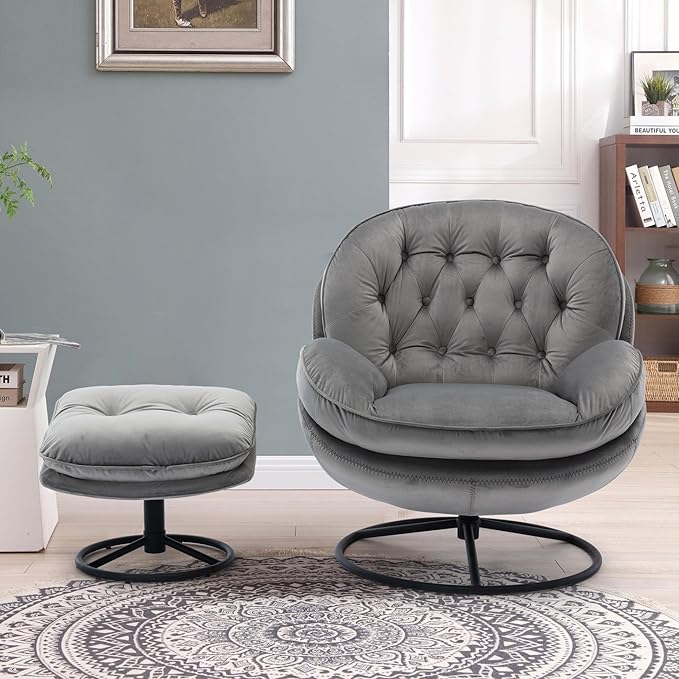JINS&ampVICO Swivel Accent Chair Armchair with OttomanVelvet Lounge ChairComfy Living Room ChairLazy Sofa for BedroomApartmentReading RoomGray