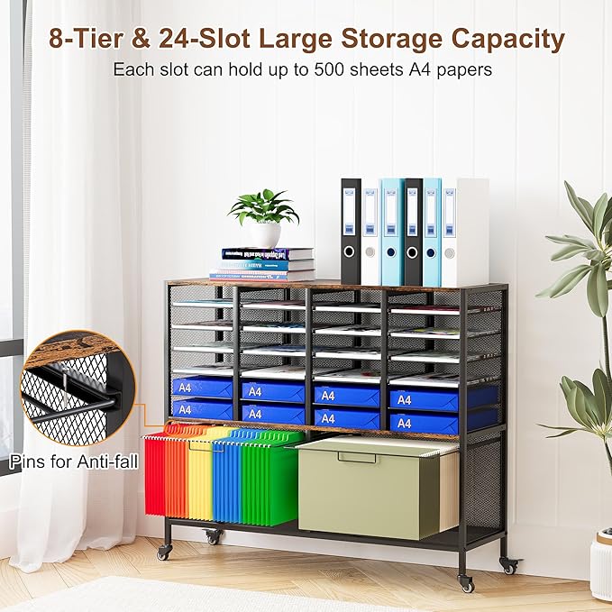 EasyPAG Rolling File Cart with 24 Slot Mail Organizer Under Desk Storage with Hanging File Rack for Letter/Legal Folders Mobile Filing Cabinet Printer Stand for Office Home Classroom Black