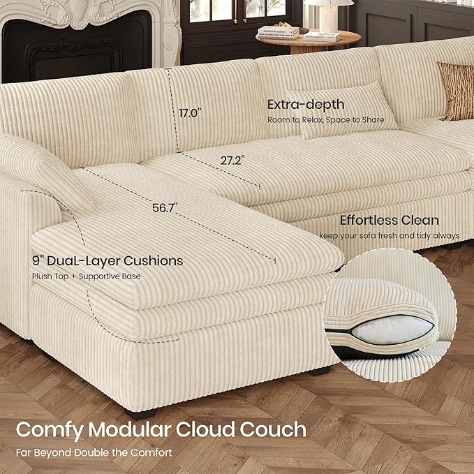Belffin Chaise Module for Large Modular Sectional Sofa Upholstered Right-Facing Chaise Part for Plush Corduroy Sectional Couches for Living Room Apartment Beige
