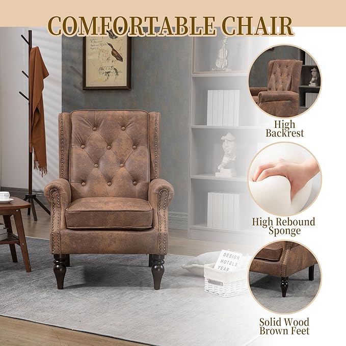 Brown Leather Accent Chair with High Back Vintage Tufted Wingback Chair with Arms &amp Rivet Upholstered Armchair &amp Single Sofa Chairs for Living Room Bedroom Office Apartment (Dark Brown)