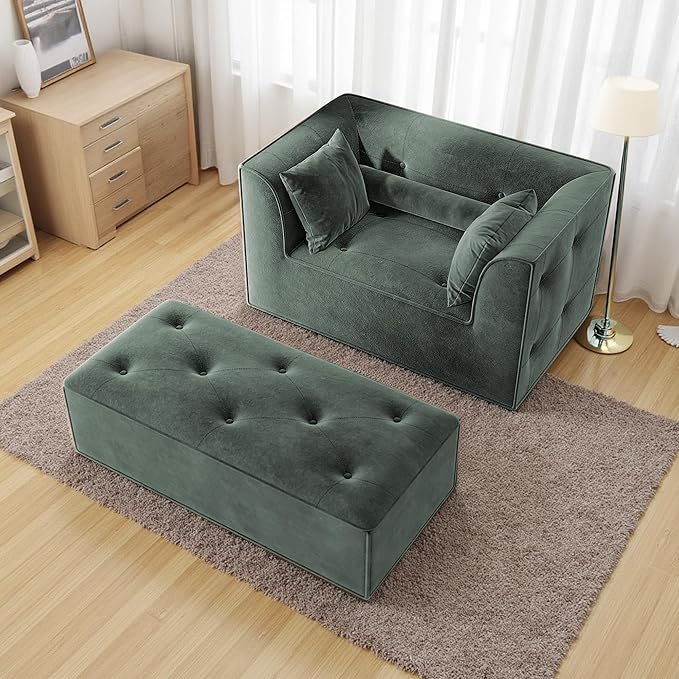 62 Chaise Lounge Chair IndoorDeep Seat Sleeper Sofa Cloud Couch with 3 Soft Pillows and OttomanComfy Cloud Seat for Living Room Apartment Office(Green Chaise Lounge+Ottoman)