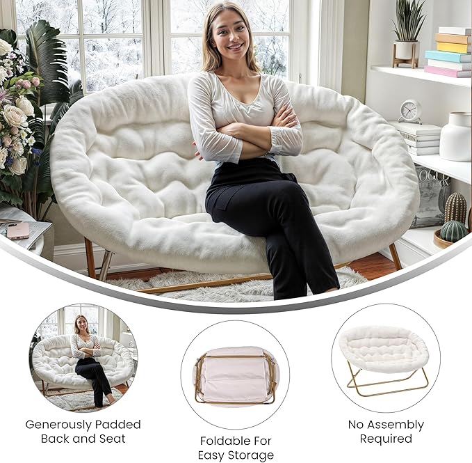 BizChair 56 Portable Folding Double Saucer Chair in Ivory Faux Shearling with a Soft Gold Steel Frame for Dorm Living Room or Bedroom
