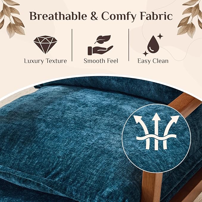 Karl home Midcentury Accent Chair for Living Room Chenille Upholstered Lounge Armchair with Lumbar Pillow Ruffle-Designed Cozy Reading Chair with Wood Legs Peacock Blue