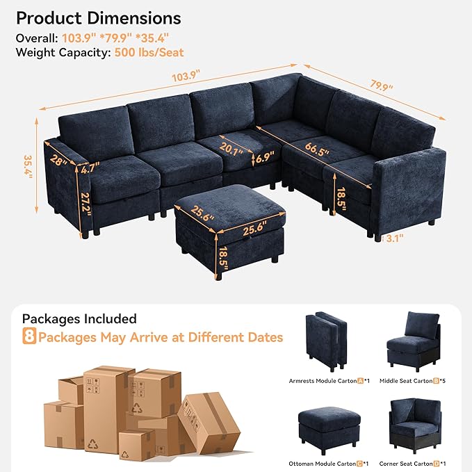 104'' V Shaped Modular Sofa Sectional Couch with Storage for Living Room Modern 7 Seater Cloud Sectional Couch with Movable Ottoman Chenille Navy