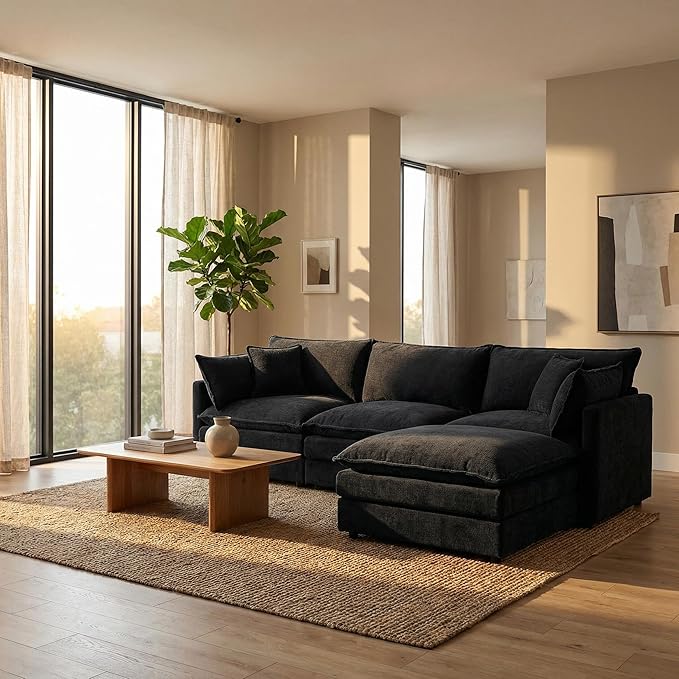 Homy Casa 102 Inch L Shaped Couch Set3-Seat Sectional Sofa with Chaise Comfortable Chenille Fabric Removable Cushions Ottoman DIY CombinationModern Design for Living/Family Room (Black)