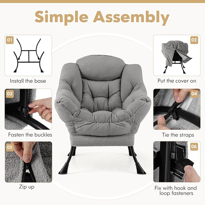 GOFLAME Large Lazy Chair Sherpa Upholstered Accent Chair with Cozy Head Pillow Stylish Tufted Back &amp Seat Armrests Storage Pocket Sofa Chair for Living Room Bedroom Home Office Gray