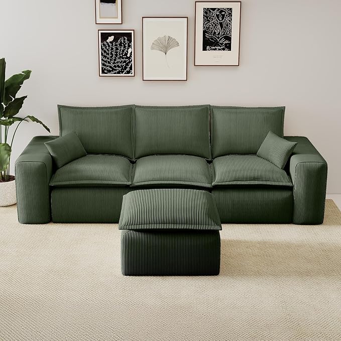 Green Corduroy Pouf for Modular Sectional Sofa Matching Accessory for Living Room Bedroom and Apartment