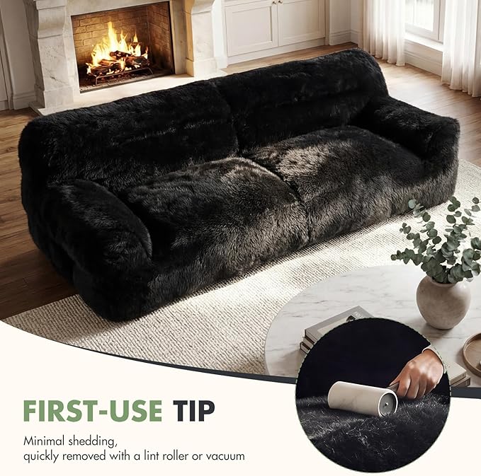 Black Compressed Couch 70 2-Seater Fluffy Faux Fur Boneless Loveseat Sofa with Memory Foam for Living Rooms Bedrooms Apartments No Assembly Required | Plush faux fur Memory foam comfort Zero as