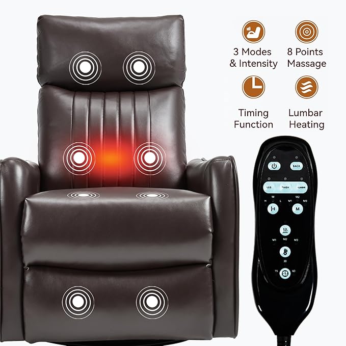PELUMY 360 Swivel Rocking Recliner Chair for Adults Nursery Rocking Chair with Heat and Massage Glider Reclining Chair for Small Space Living Room Bedroom (Breathable Leather Dark Brown)