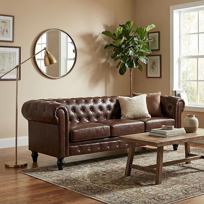 Chesterfield PU Leather Couch 3 Seater Sofa 89 Modern Luxurious Large Button-Tufted Sofa Couch Home Upholstered Deep Seat Sofa for Living Room Furniture Brown
