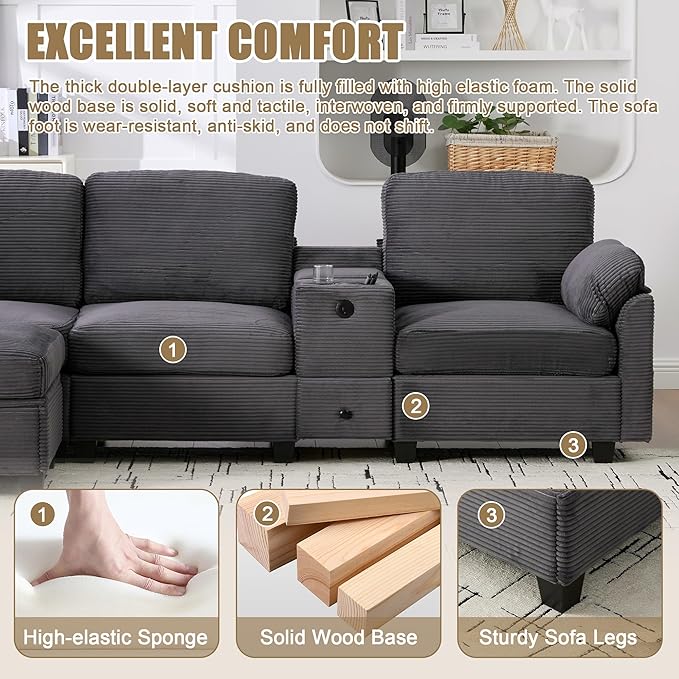 KEIKI 105 L-Shaped Oversized Corduroy Modular Sectional Sofa with 1 Ottoman and Multi Functional Console 4-Seater Upholstered Couch with USB and 2 Cup Holder Easy Assembly for Living Room Gray