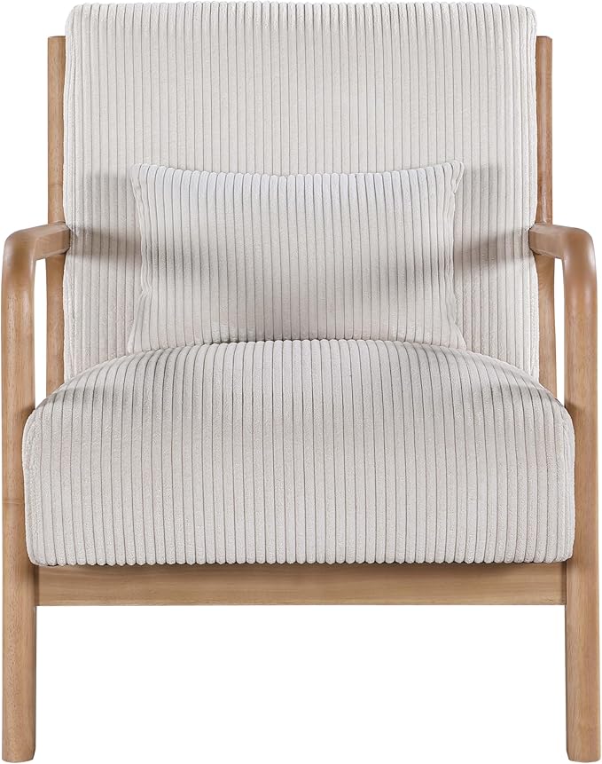 Wooden Accent Arm Chair Mid Century Armchair Comfy Modern Corduroy Accent Chair Boho Arm Chair with Pillow for Bedroom Lounge Living Room (Beige)