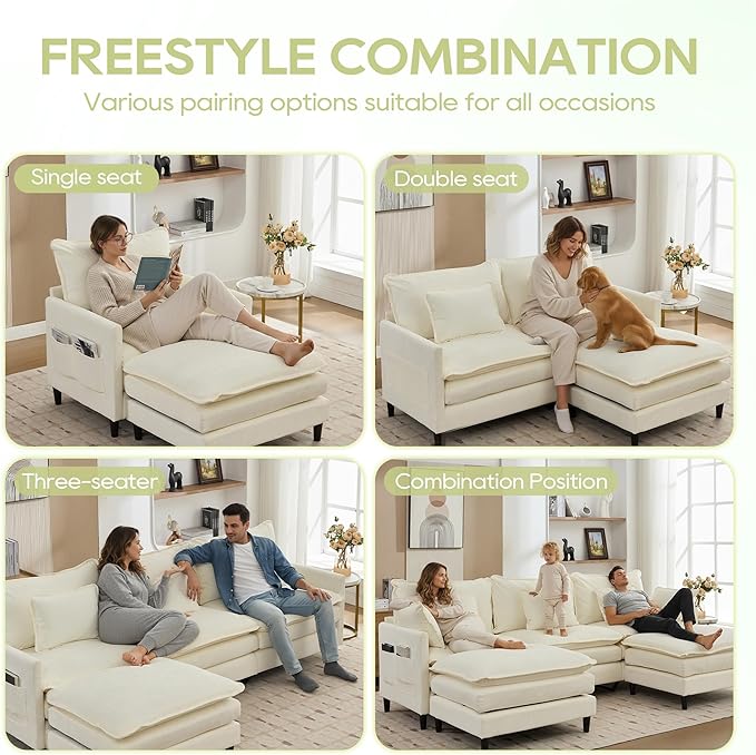 113 Chenille Modular Sectional Sofa Convertible L Shaped Modular Sofa Comfy Cloud Couch with Ottoman Side Pockets and 5 Throw Pillows for Living Room (Beige 113'' - 4 Seat)