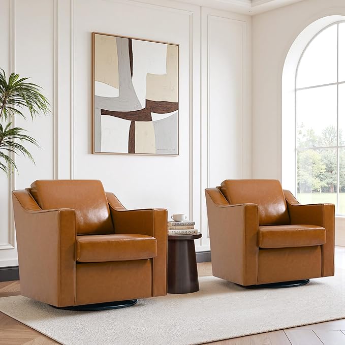 Swivel Accent Chair Modern Round Barrel Arm Chair for Living Room Bedroom Comfy Club Reading Chairs for Adults (Leather Brown Set of 2)