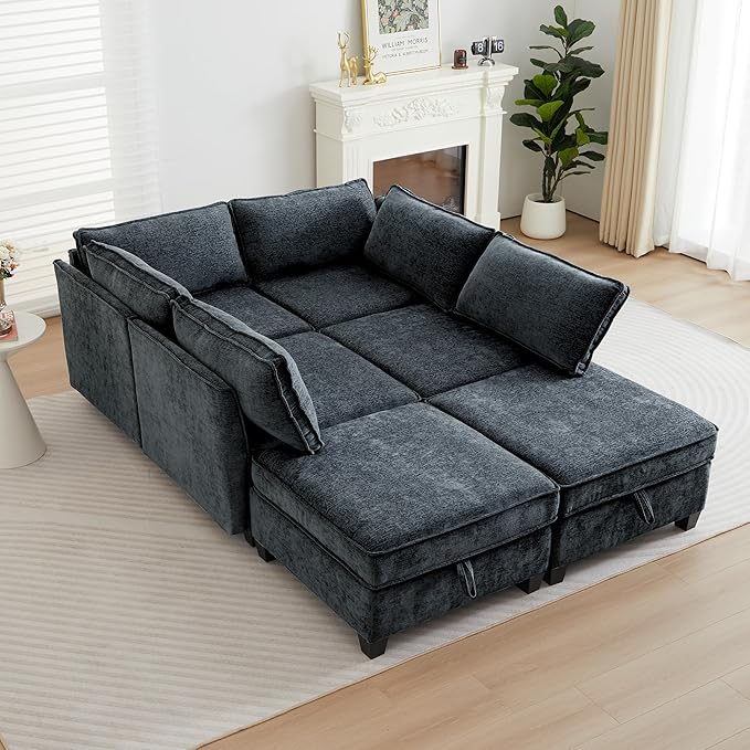 ORRD Sleeper Modular Sectional Sofa Set Convertible Couch Bed with Storage 6 Seater and 4 Armrestes Sofa Modular for Living Room Office (Blue Grey)