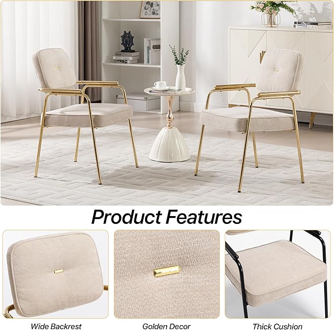 Accent Chair Dining Chair Set of 2 Chenille Upholstered Armchair Reading Side Chair Comfy Living Room Chair with Gold Metal Legs for Bedroom Waiting Room Beige