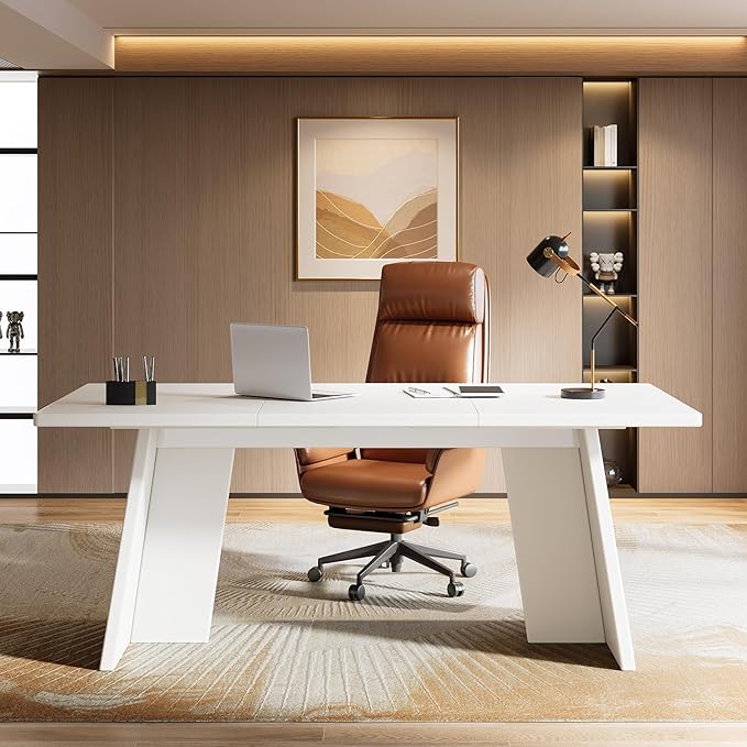 Tribesigns White Executive Desk 63 Large Office Computer Conference Meeting Table with Wooden Robust Pedestal Simple Modern Workstation Business Furniture for Home Office