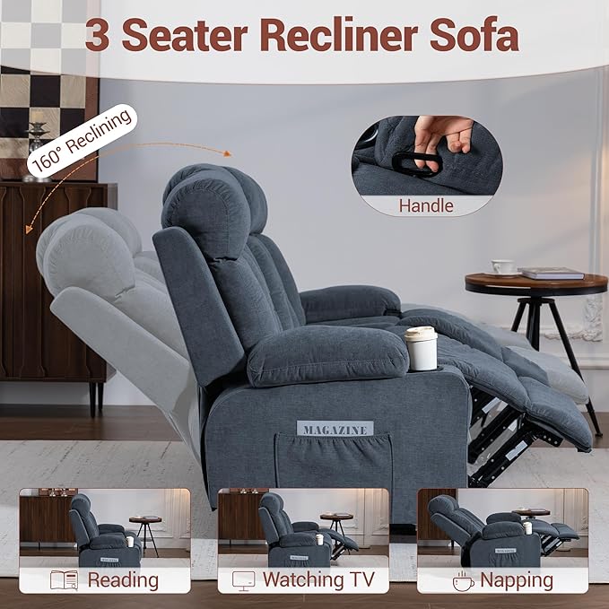 3 Seater Reclining Sofa Couch with Cup Holders Comfy Triple Manual Fabric Recliner Chair for Living Room Home Theater Office Blue