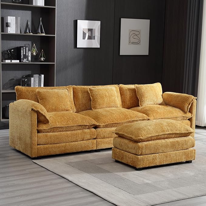 kevinplus 112'' Sectional Sofa Couch with Convertible Ottoman for Living Room Modern Contemporary 3-Seat L-Shape Sofa Couch for Apartment Home Office Thick Cushion &amp Boucle Fabric Yellow