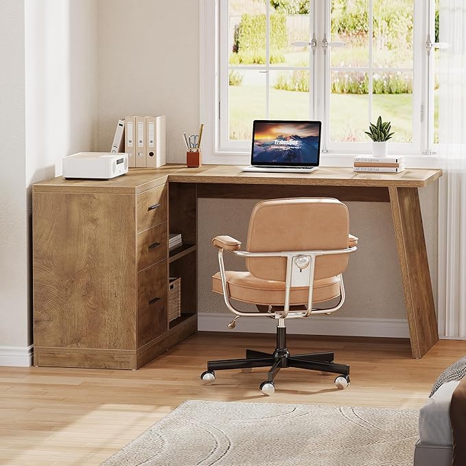 Tribesigns 55-Inch L Shaped Computer Desk with 3 Drawers Corner Home Office Desk with Storage Shelves Farmhouse Wood Executive Desk for Work Writing Sturdy Gaming Brown