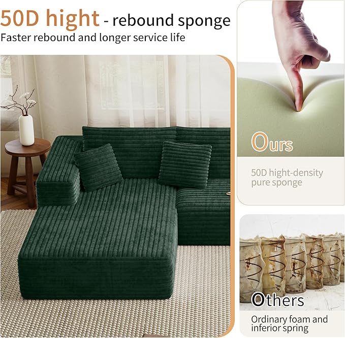 107 Modular Sectional Couches for Living Room Comfy L-Shaped Boneless Cloud Couch with Chaise Modern Deep Seat Corduroy Floor Sofa No Assembly Required (Left Facing Chaise Green) | High-density s