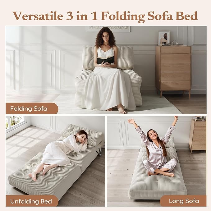 Folding Sofa Bed Convertible Foam Couch Bed Comfy Foldable Mattress Sleeper Chair with Pillow Small Floor Sofa Lounge for Living Room Bedroom Apartment Small Space Beige