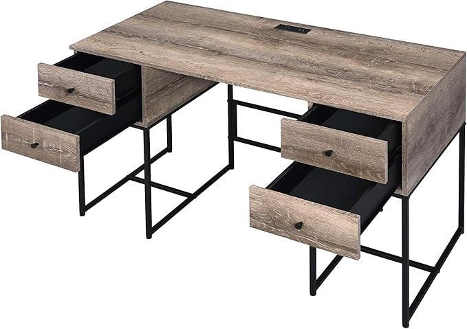 Rustic Oak &amp Black Writing Desk with USB Port - Modern Home Office Design