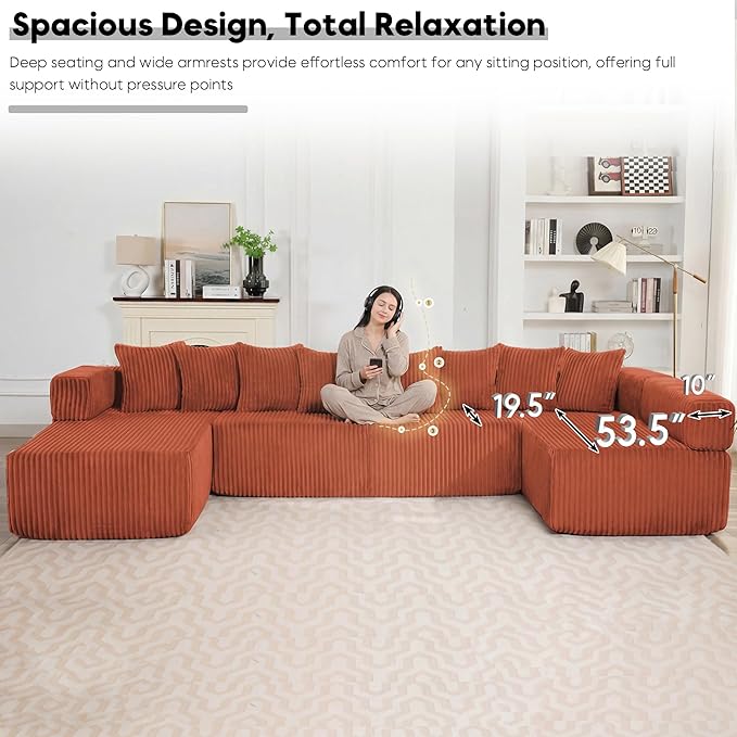 Oversized Cloud Boneless Couch with Chaise Modern Modular Corduroy Sofa with Deep Seat Various Combinations Upholstered Couches with Storage No Assembly Required-Orange