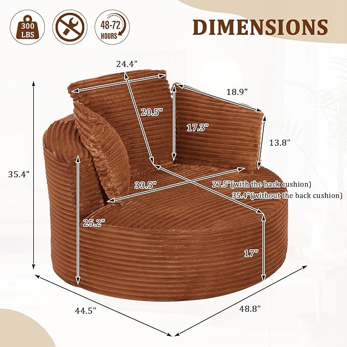 Round Chair Lounge Chaise Indoor 48.8 Oversized Sofa Chair Upholstered Corduroy Deep Seat Sleeper Sofa Bed No Assembly Required for Living Room Bedroom Apartment Orange