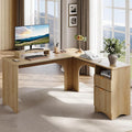 Bestier L Shaped Desk with File Drawer 55.7 x 55 Office Computer Desk with Round Corners Modern Desk with Monitor Stand &amp Fluted Panels for Home Office Natural Oak