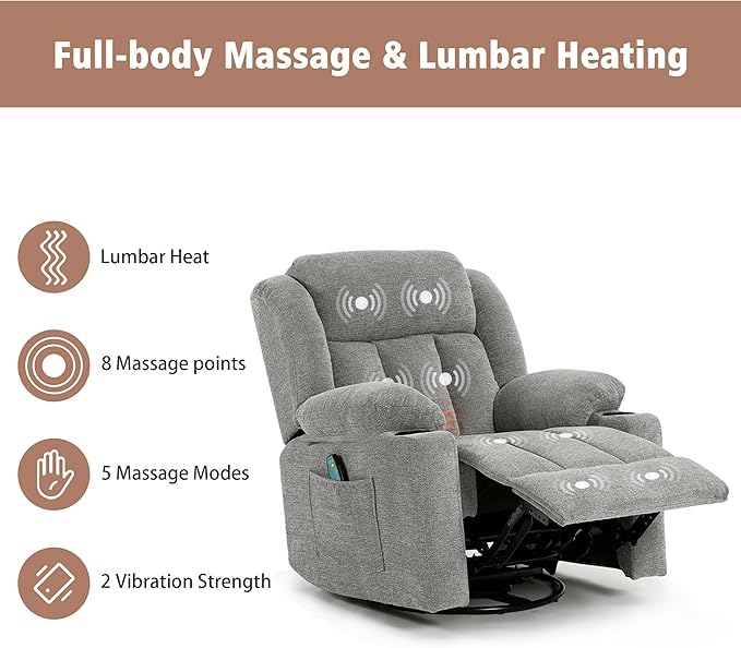 Rocker Swivel Recliner Chair for Adults Overstuffed Large Manual Recliner Glider with Massage and Heat Comfy Soft Fabric Living Room Reclining Sofa Chair (Lime Gray)