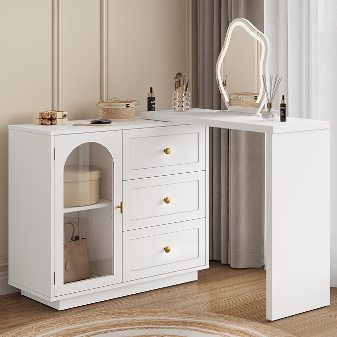 RoyalCraft L Shaped Home Office Desk Extendable and Rotatable Desk with 3 Drawers and Door Corner Computer Desk Modern Study Writing Table for Bedroom Home Office White