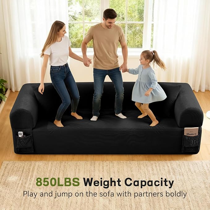 3 Seater Sofa Couch for Living Room (Black 30 D + 2 Pillows)