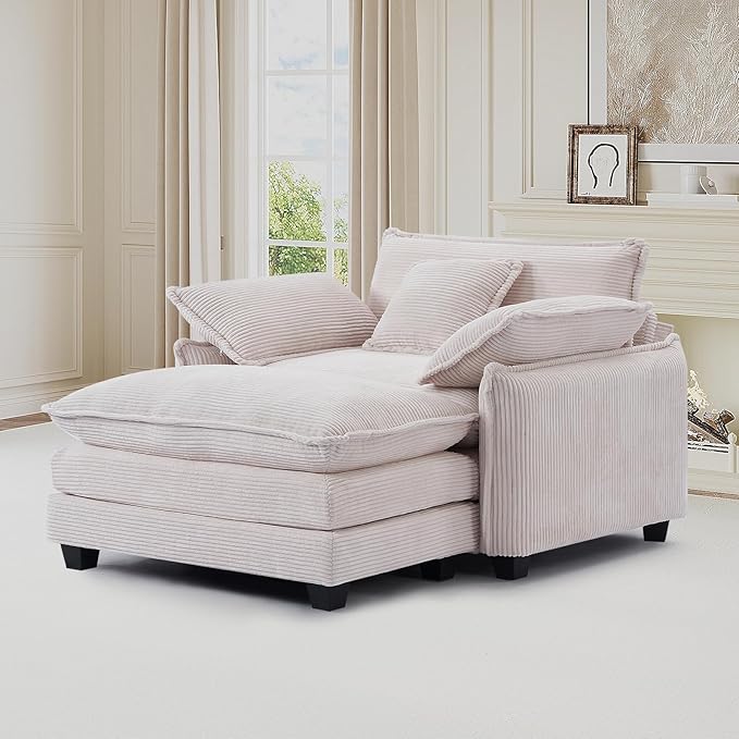 Oversized Chair with Ottoman Modern Corduroy Sofa Bed Single Sofa Chaise Large Upholstered Sofa for Living Room Bedroom (Beige)