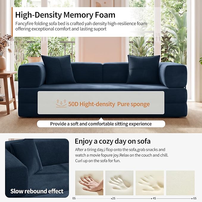 78.8 Convertible Sofa Bed with Armrest Pillow 4-in-1 Sleeper Couch Bed for Livingroom Modular Corduroy Boneless couches No Assembly (Blue)