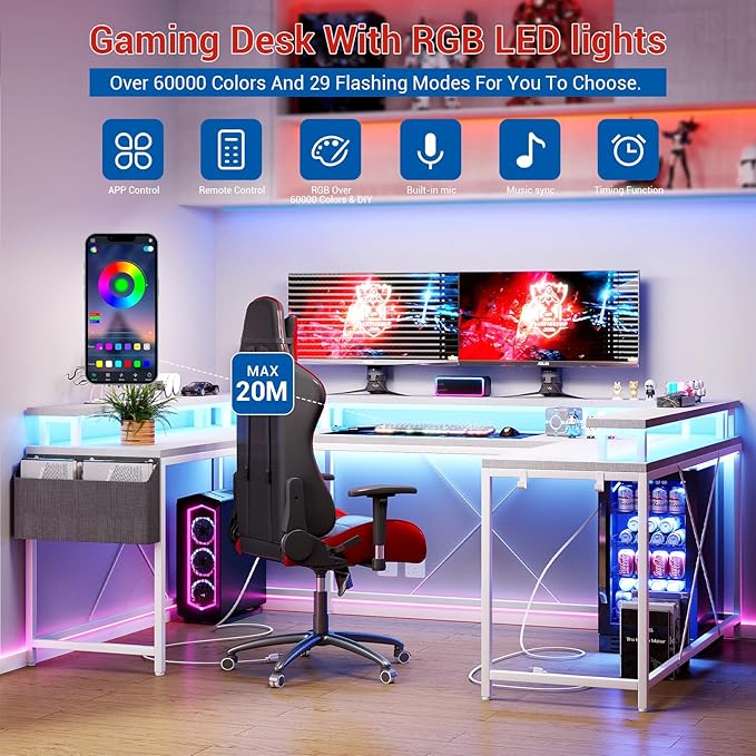 U Shaped Desk with Power Outlet &amp LED Lights 79 Reversible Computer Desk with Monitor Stand Wood Home Office Desks Gaming Desk with Shelving Side Storage Pockets White