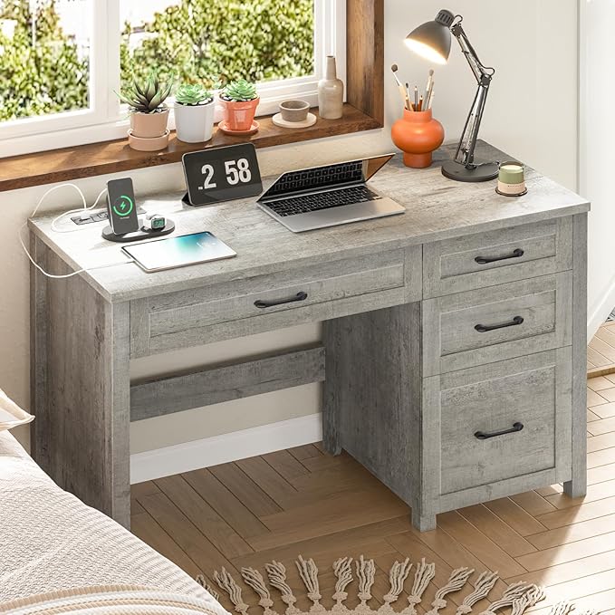 Vabches Farmhouse 47 Executive Desk with 4 Drawers Computer Desk with File Drawer and Charging Station Workstation for Home Office Study.（Grey）